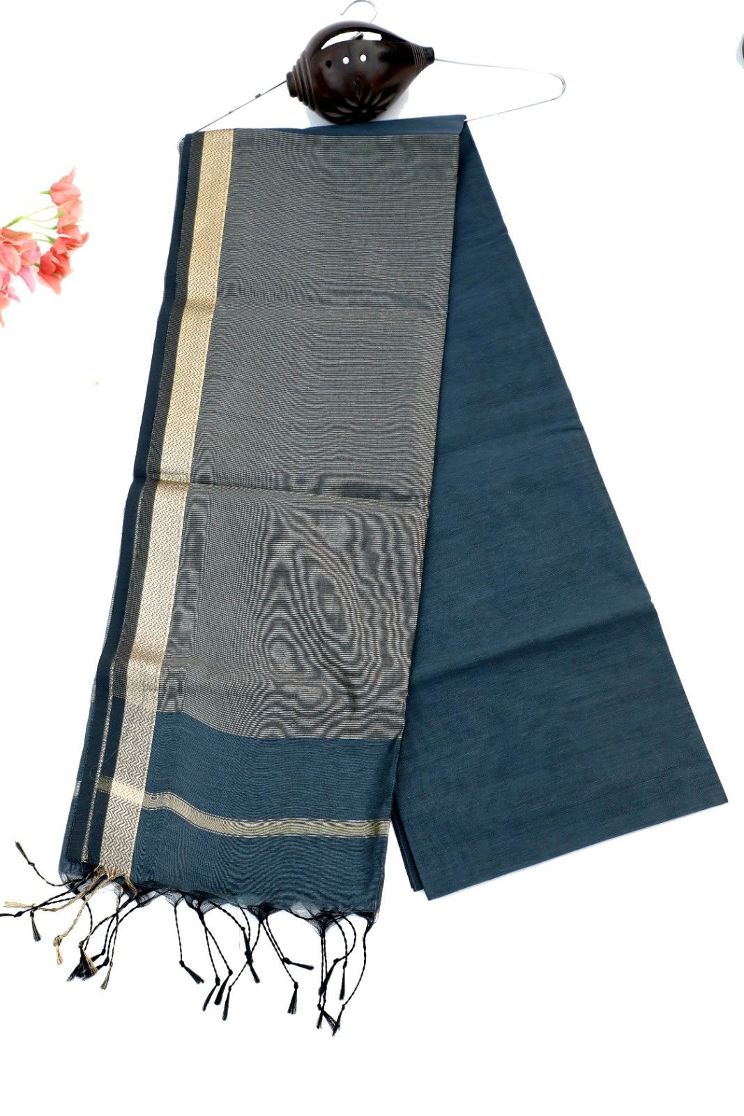 Blue-Grey Handloom Cotton Silk Saree with Zari Border