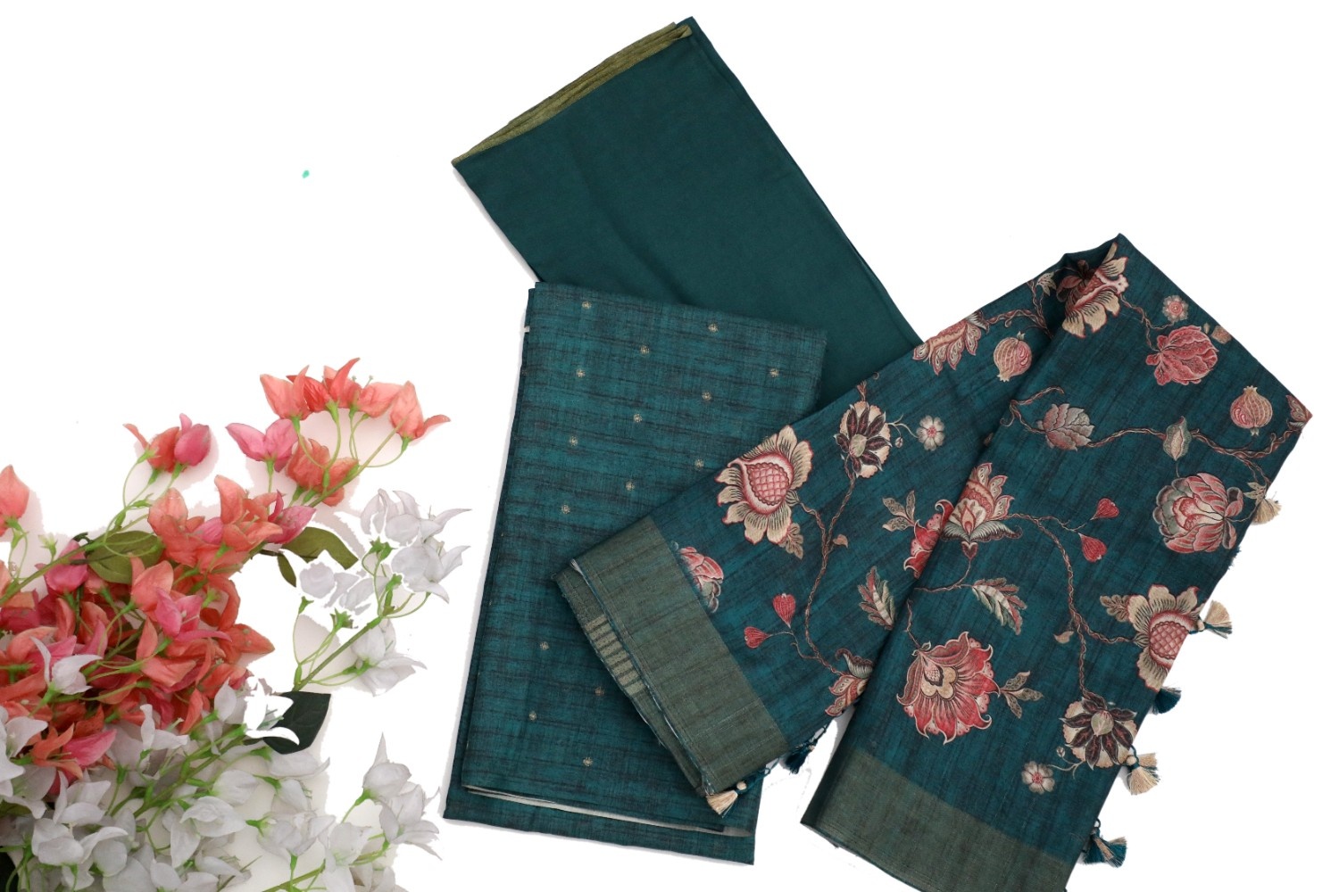 Teal Handloom Cotton Silk Saree with Floral Embroidery