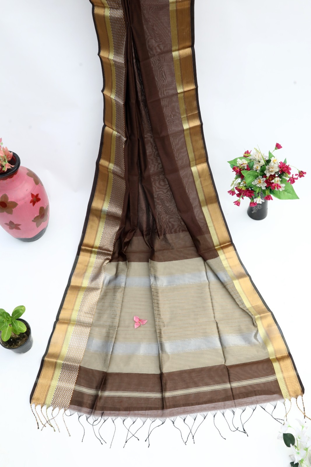 Coffee Brown & Beige Handloom Saree with Golden Border