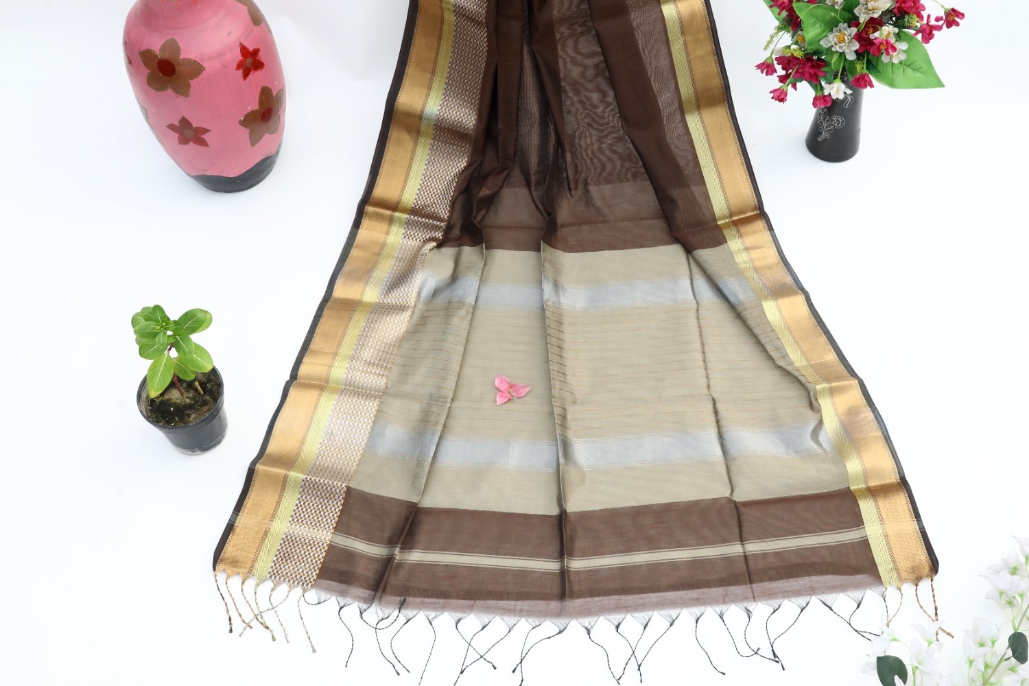 Coffee Brown & Beige Handloom Saree with Golden Border