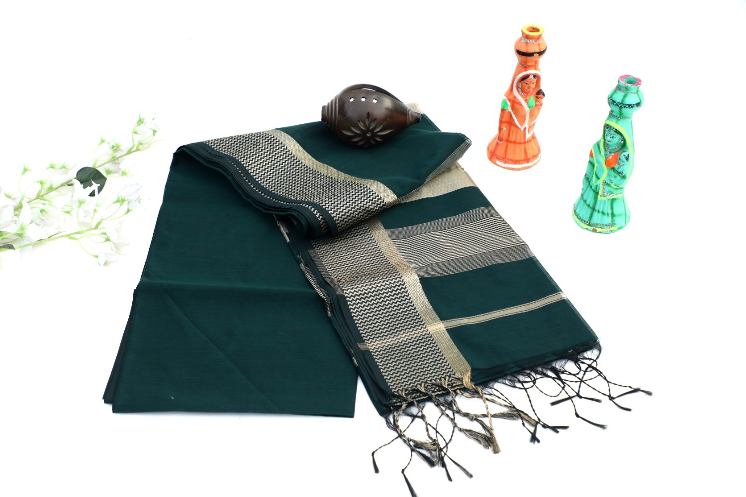 Dark Green Maheshwari Cotton Silk Saree with Gold Zari Border