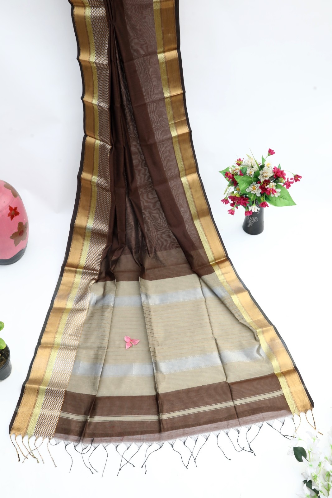 Coffee Brown & Beige Handloom Saree with Golden Border