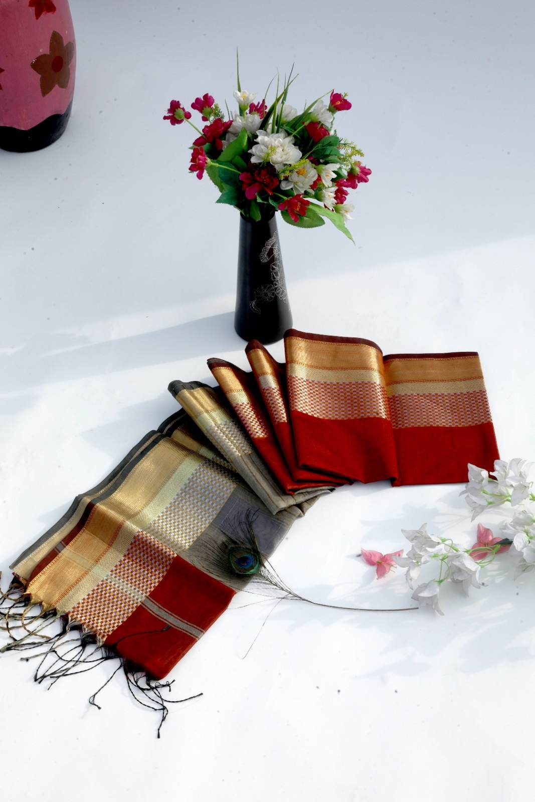 Red & Grey Soft Silk Saree with Golden Zari Border