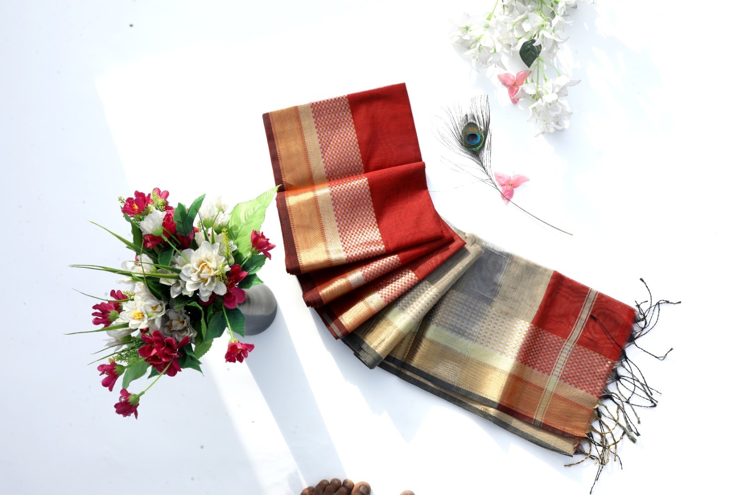 Red & Grey Soft Silk Saree with Golden Zari Border