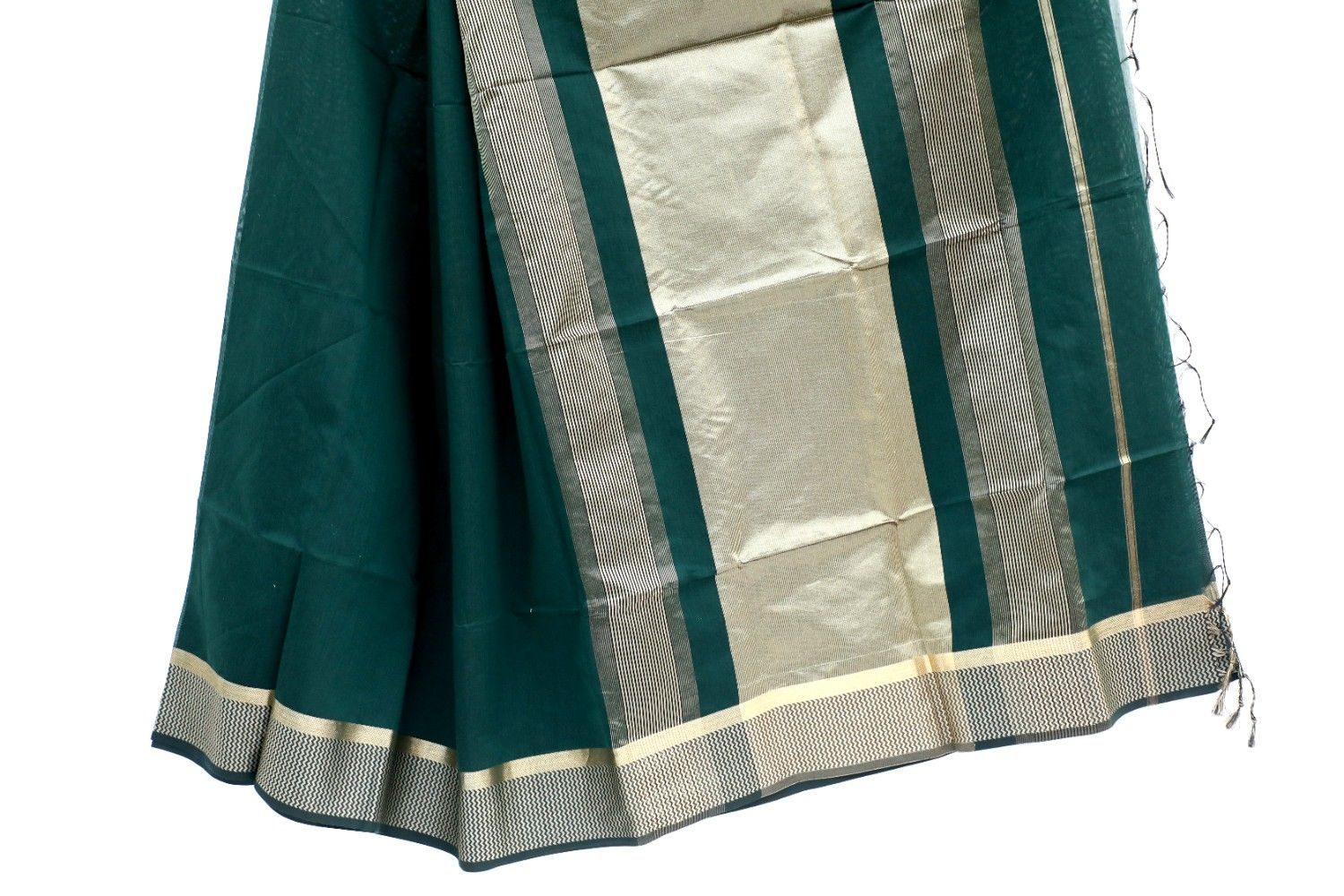 Dark Green Maheshwari Cotton Silk Saree with Gold Zari Border