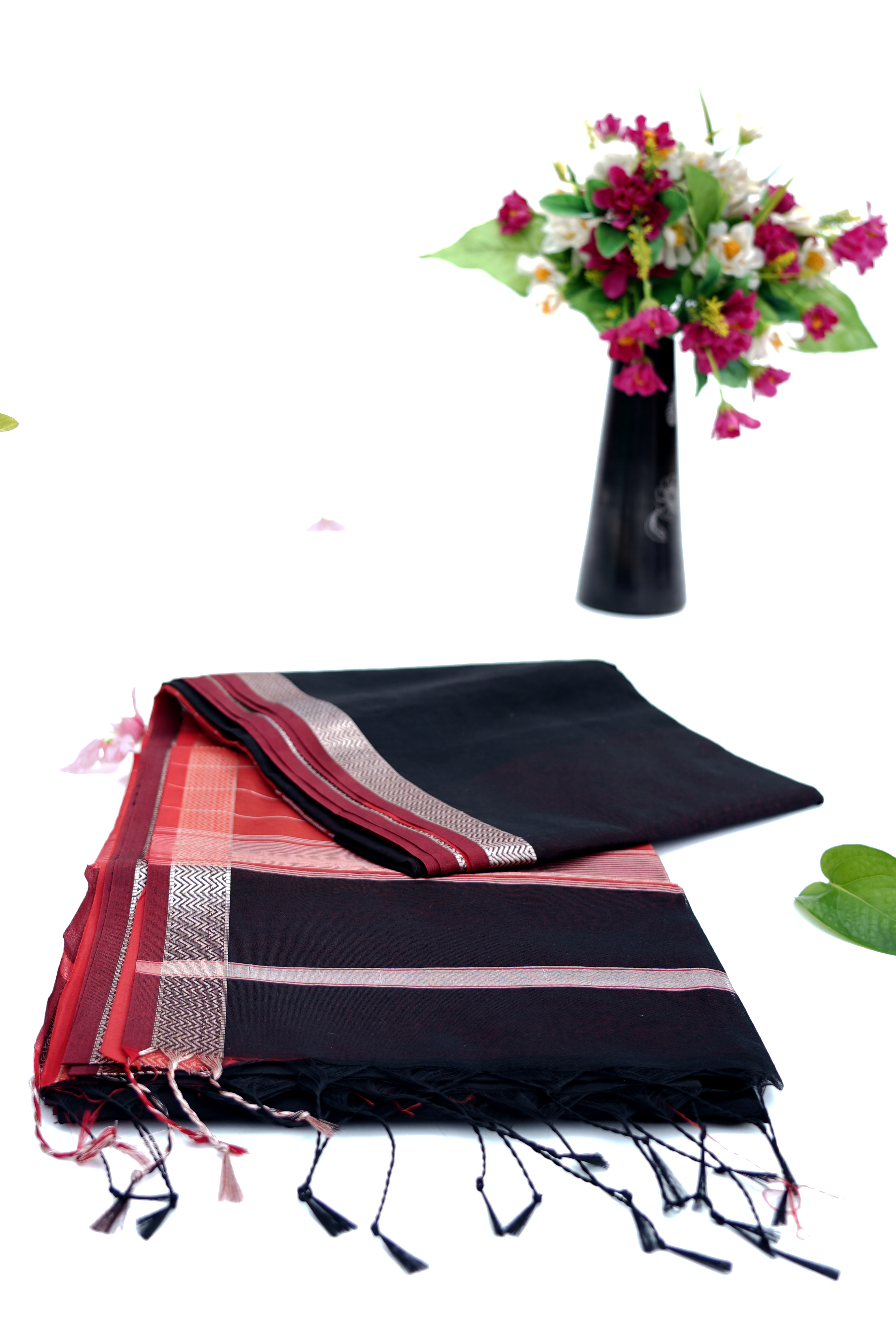 Handwoven Black & Maroon Cotton Saree with Traditional Border