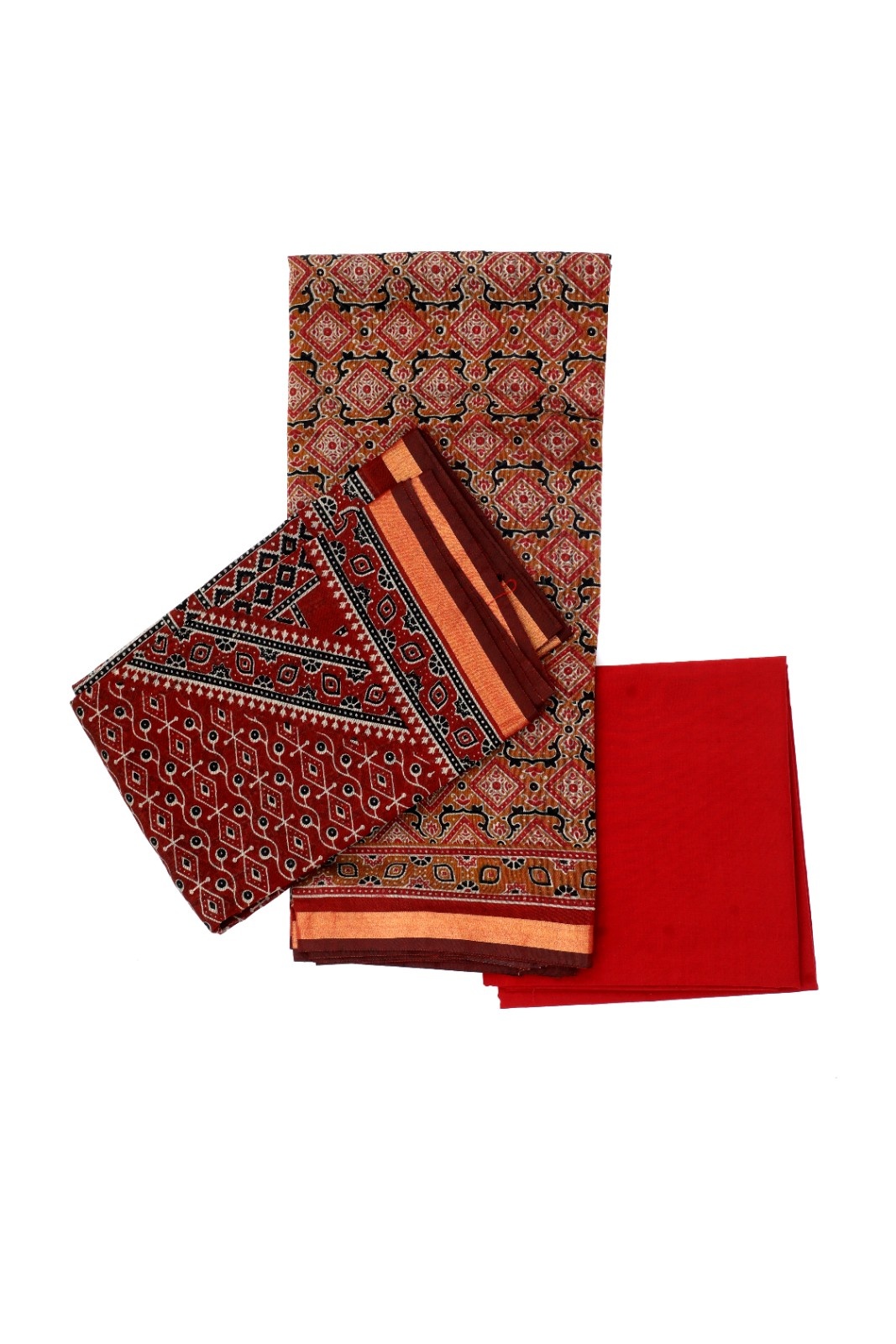 Ajrakh Print Pure Cotton Dress Material – Red & Maroon
