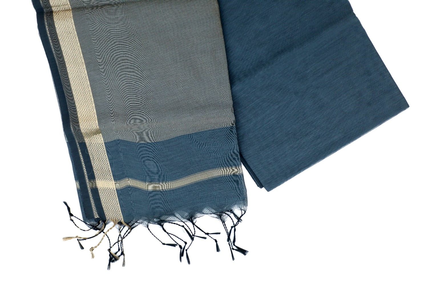 Blue-Grey Handloom Cotton Silk Saree with Zari Border