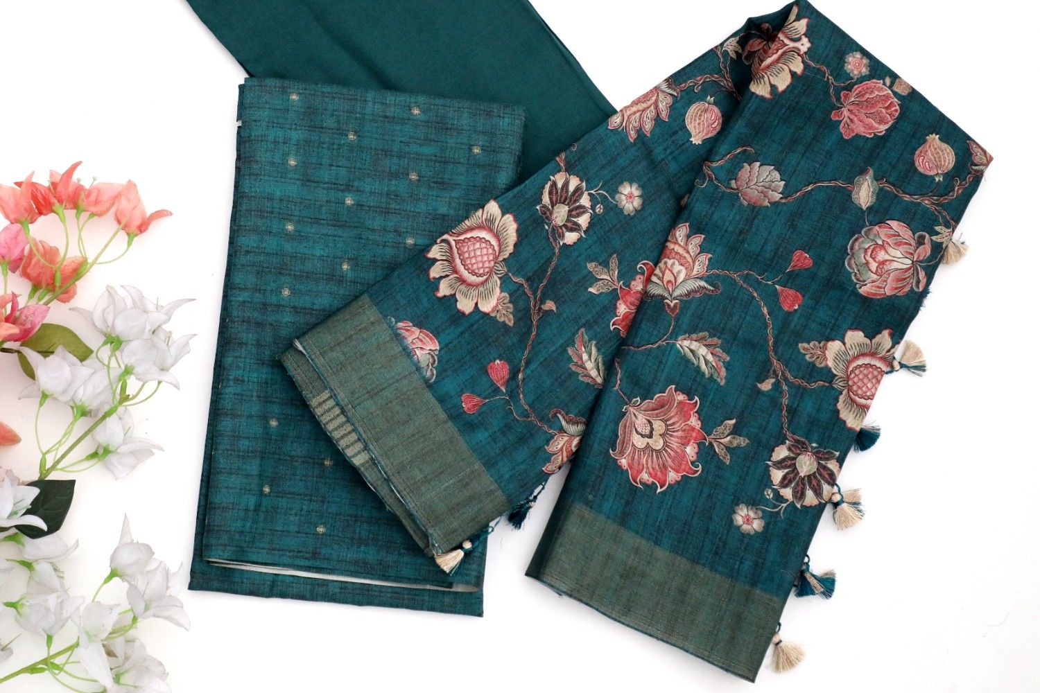 Teal Handloom Cotton Silk Saree with Floral Embroidery