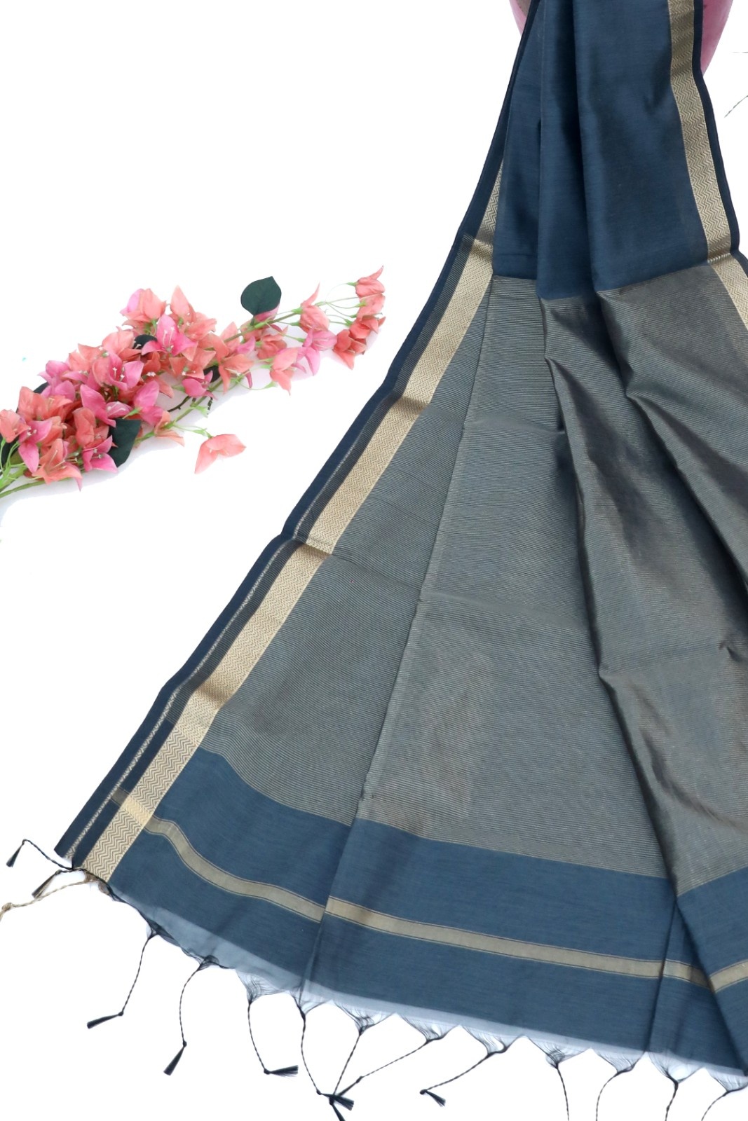 Blue-Grey Handloom Cotton Silk Saree with Zari Border