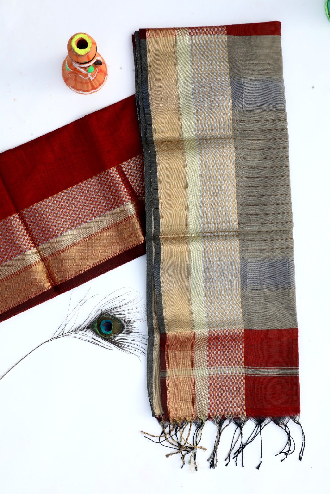 Red & Grey Soft Silk Saree with Golden Zari Border