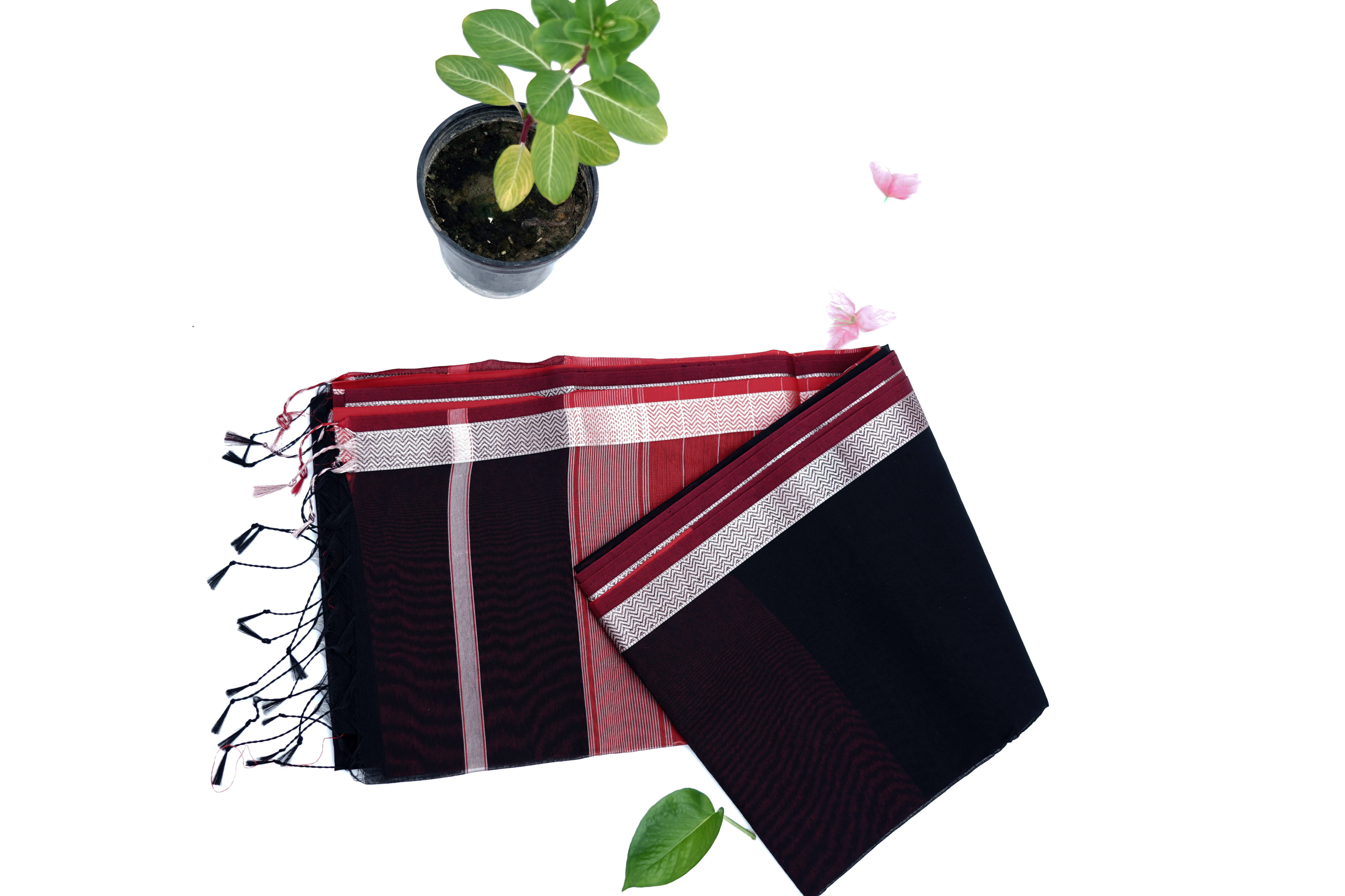Handwoven Black & Maroon Cotton Saree with Traditional Border