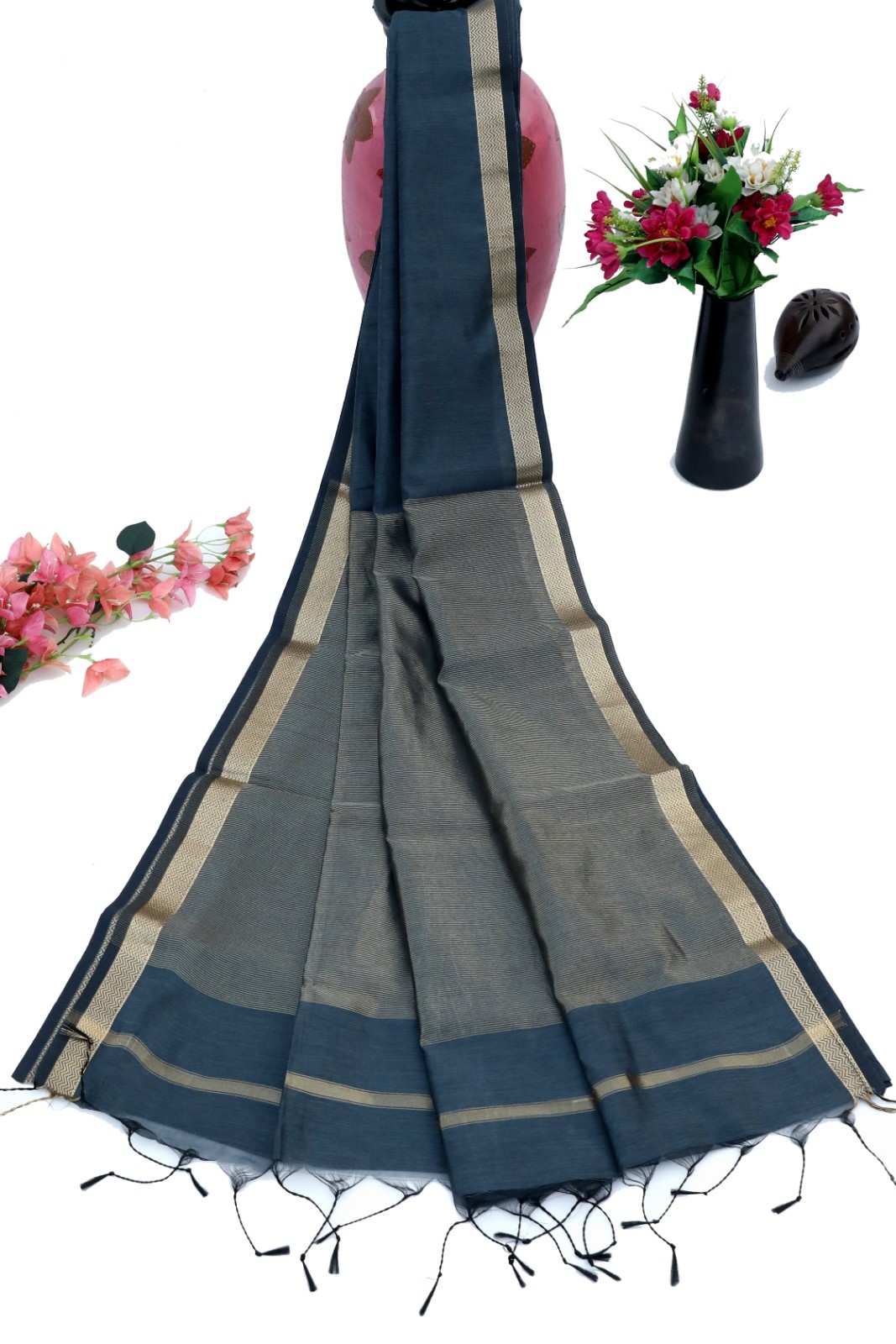 Blue-Grey Handloom Cotton Silk Saree with Zari Border