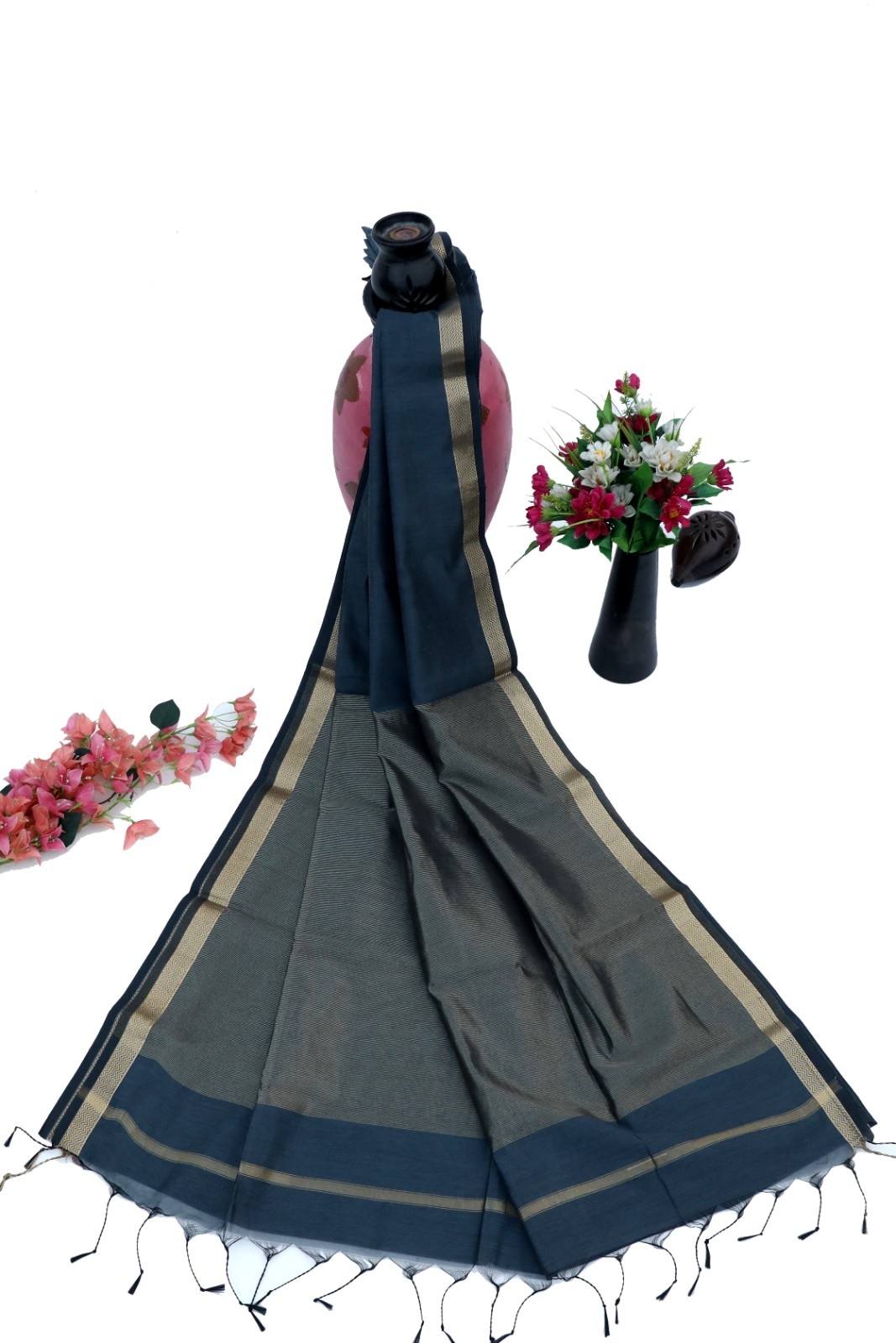 Blue-Grey Handloom Cotton Silk Saree with Zari Border