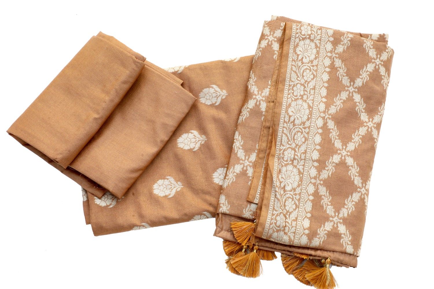 Golden Brown Banarasi Silk Saree with Floral Zari Weaving & Tassels