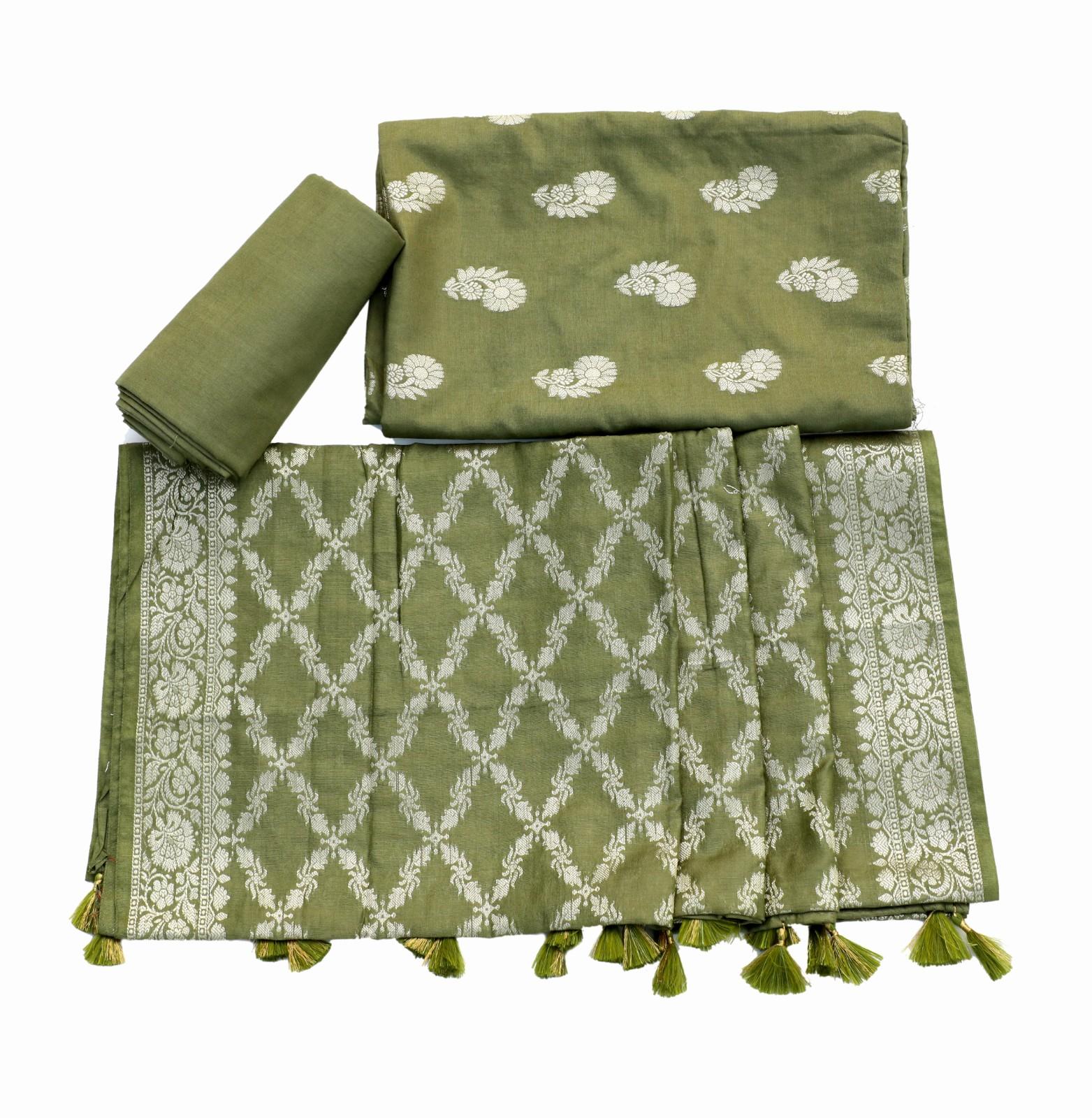 Sage Green Banarasi Cotton Silk Suit Set with Geometric Jaal
