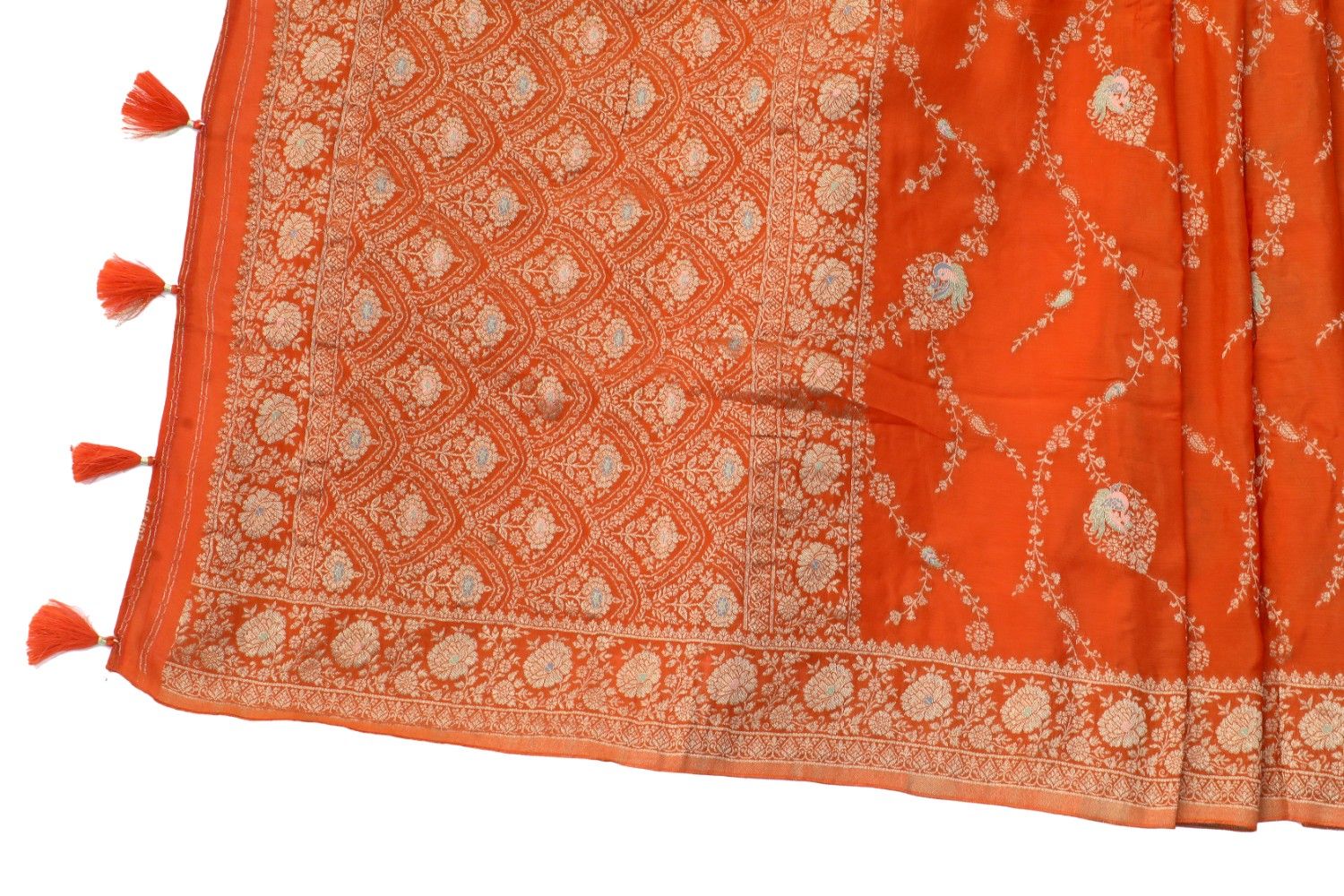 Tangy Orange Pure Silk Banarasi Saree with Silver Zari Jaal