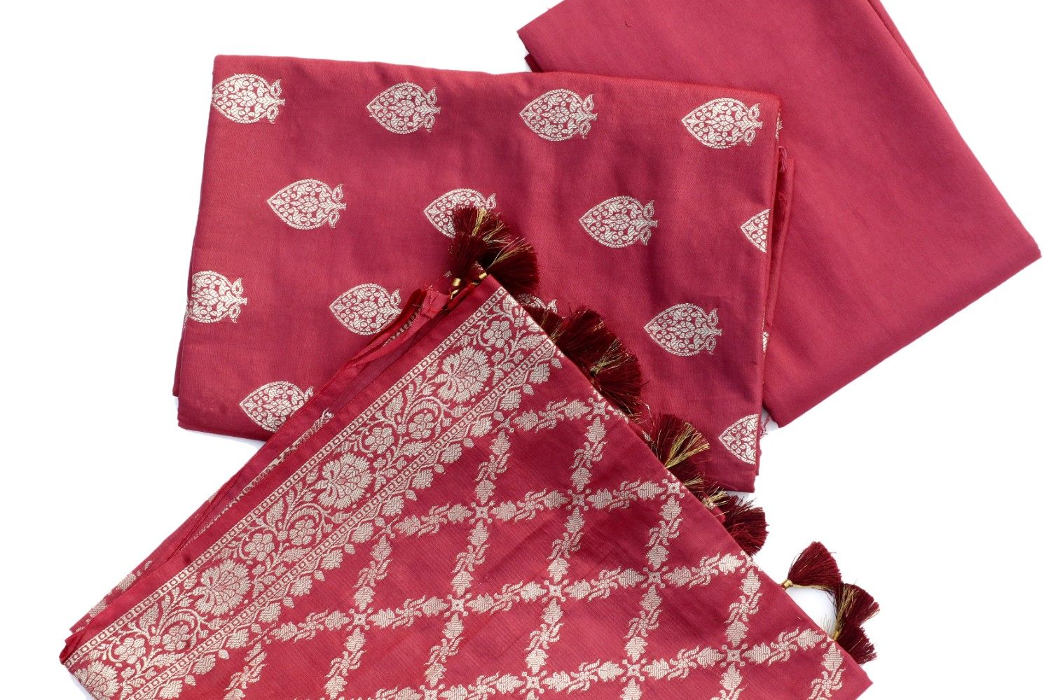 Maroon Banarasi Silk Saree with Tassels & Jaal Weaving
