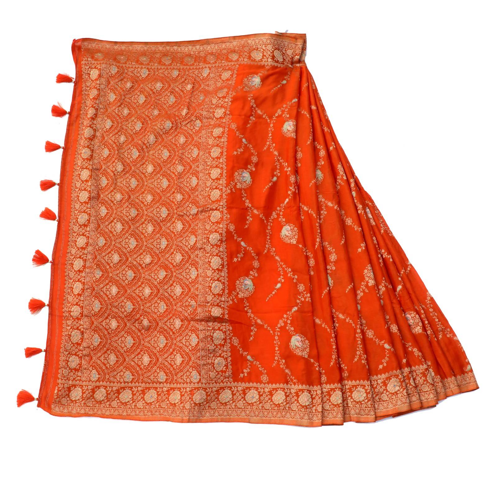Tangy Orange Pure Silk Banarasi Saree with Silver Zari Jaal