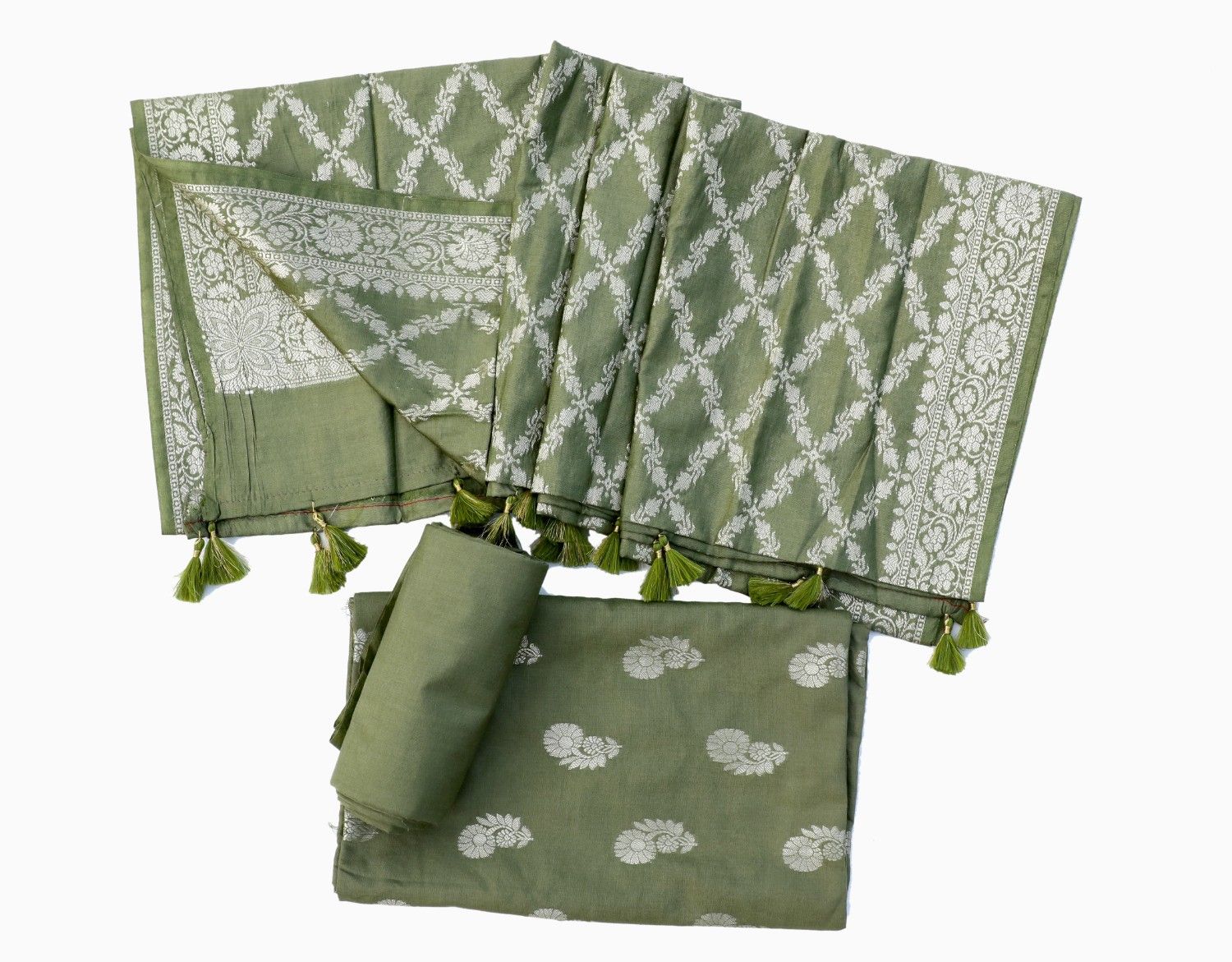 Sage Green Banarasi Cotton Silk Suit Set with Geometric Jaal