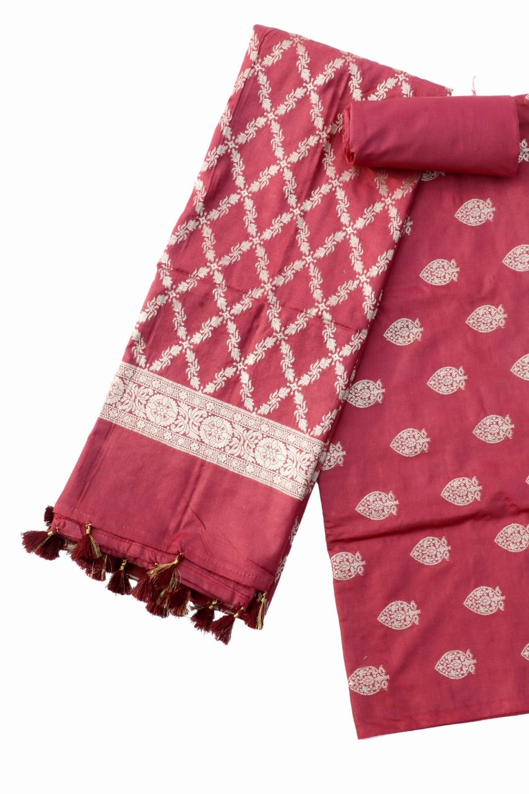 Maroon Banarasi Silk Saree with Tassels & Jaal Weaving