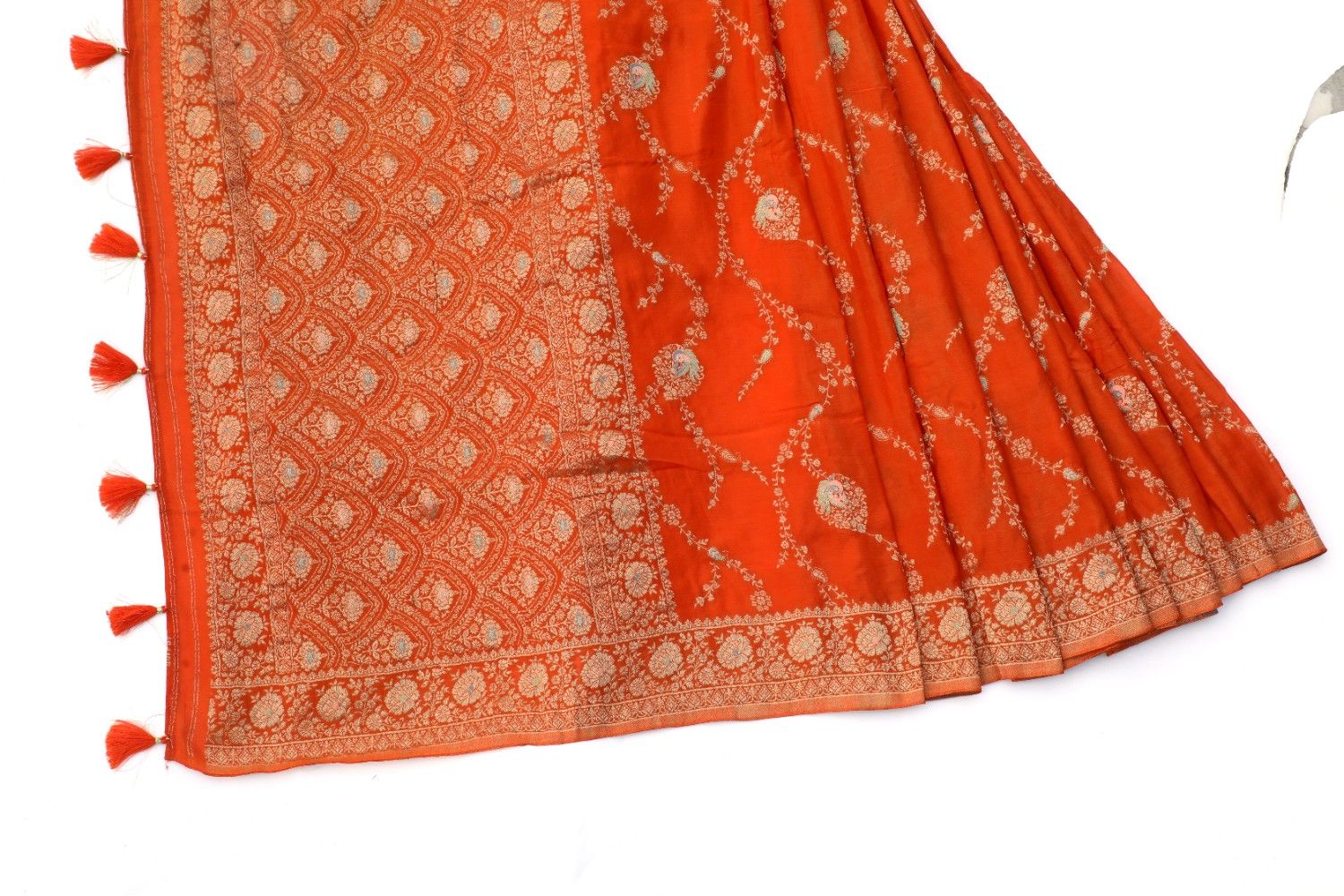 Tangy Orange Pure Silk Banarasi Saree with Silver Zari Jaal