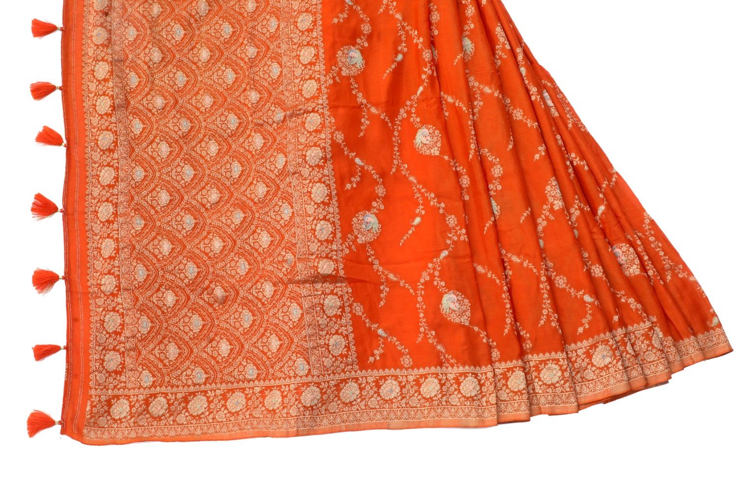 Tangy Orange Pure Silk Banarasi Saree with Silver Zari Jaal