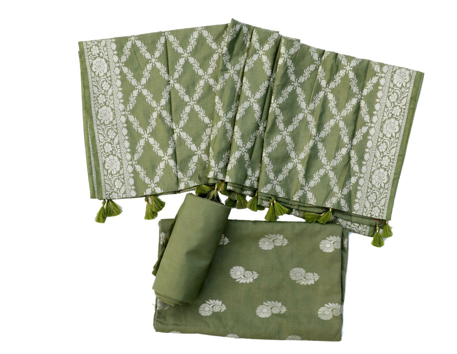 Sage Green Banarasi Cotton Silk Suit Set with Geometric Jaal