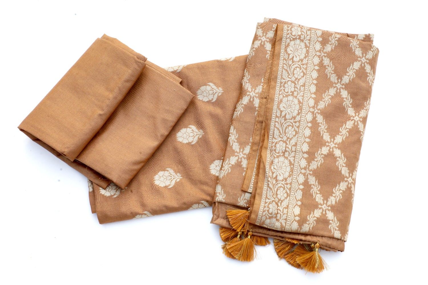 Golden Brown Banarasi Silk Saree with Floral Zari Weaving & Tassels