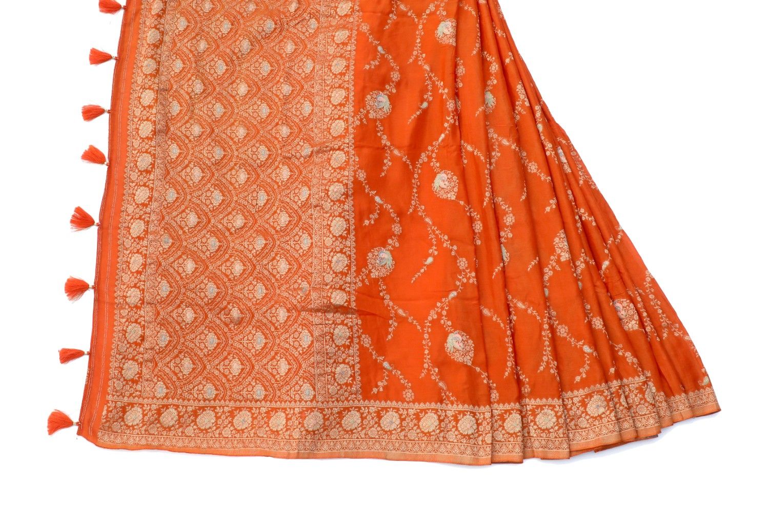 Tangy Orange Pure Silk Banarasi Saree with Silver Zari Jaal